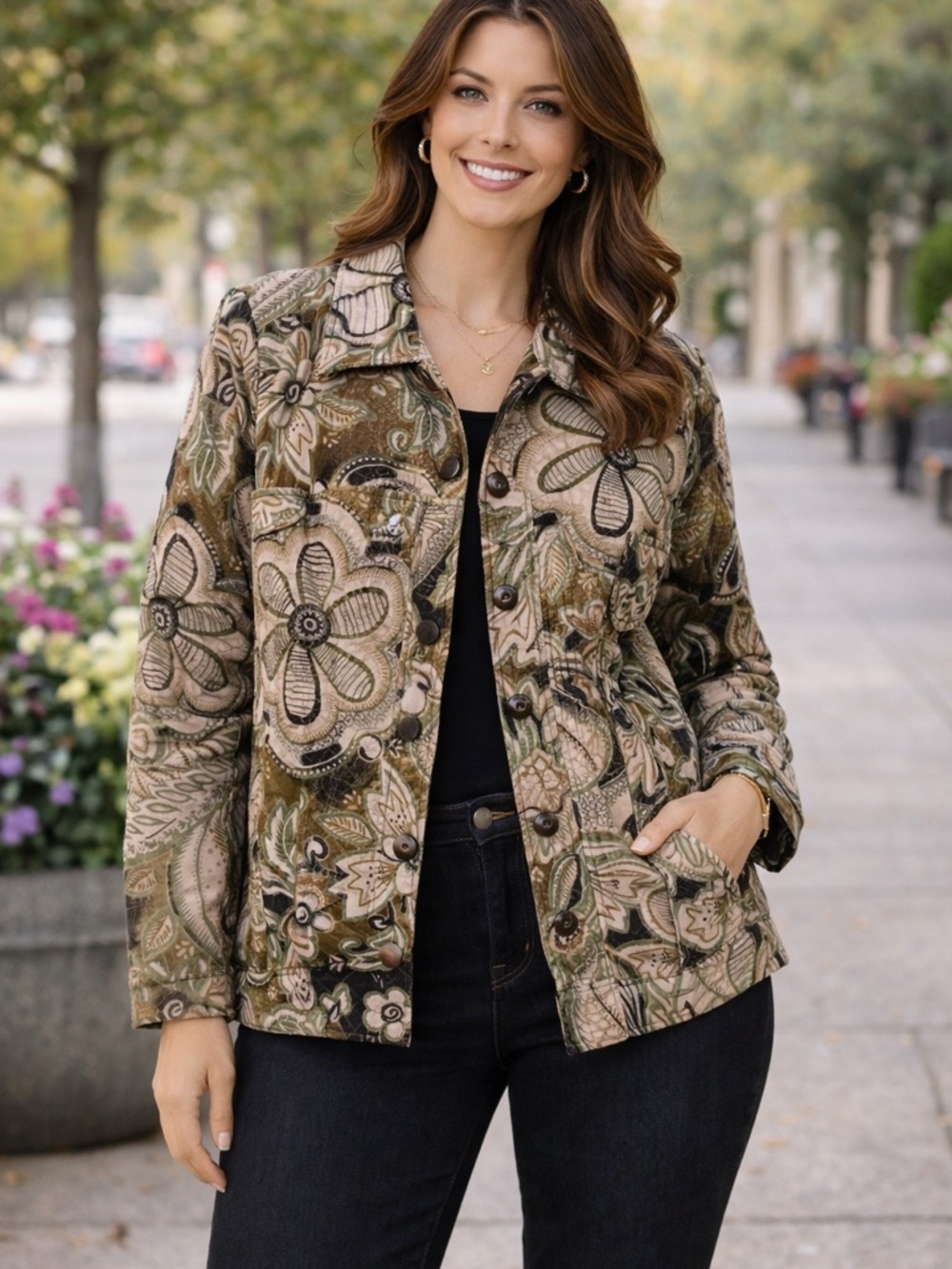 CJ Banks Quilted Floral Blazer 1X | Earth Tone Button Front Jacket Boho Chic